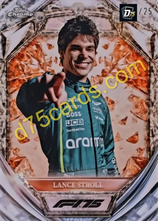 Lance Stroll D75-10 Orange Mini-Diamond Refractor /25 front — 2025 Topps Chrome Formula 1 Diamond 75th Anniversary
