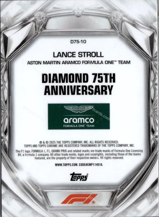 2025 Topps Chrome Formula 1 Diamond 75th Anniversary card #10 Lance Stroll Base back image