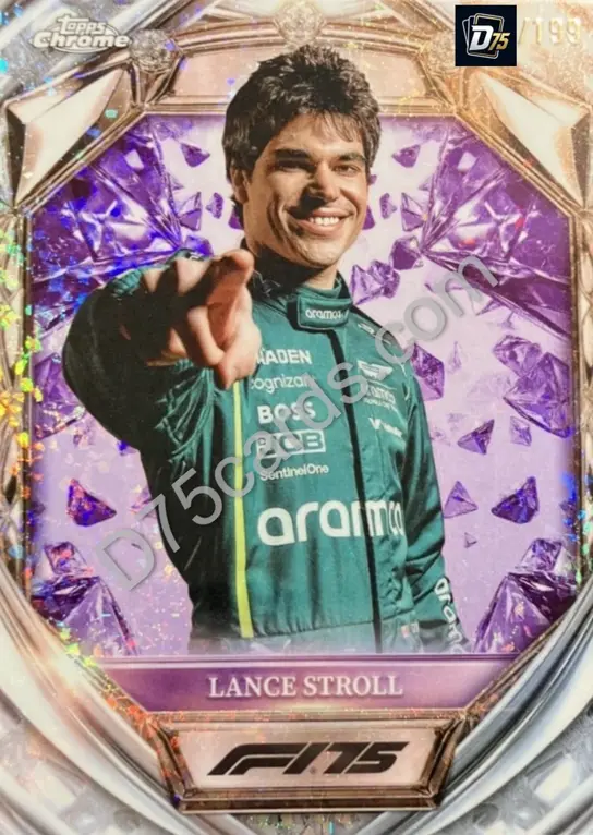 Lance Stroll Purple Mini-Diamond Refractor /199 front | 2025 Topps Chrome Formula 1 Diamond 75th Anniversary card