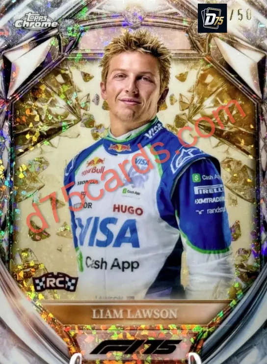 Liam Lawson D75-11 Gold Mini-Diamond Refractor /50 front — 2025 Topps Chrome Formula 1 Diamond 75th Anniversary