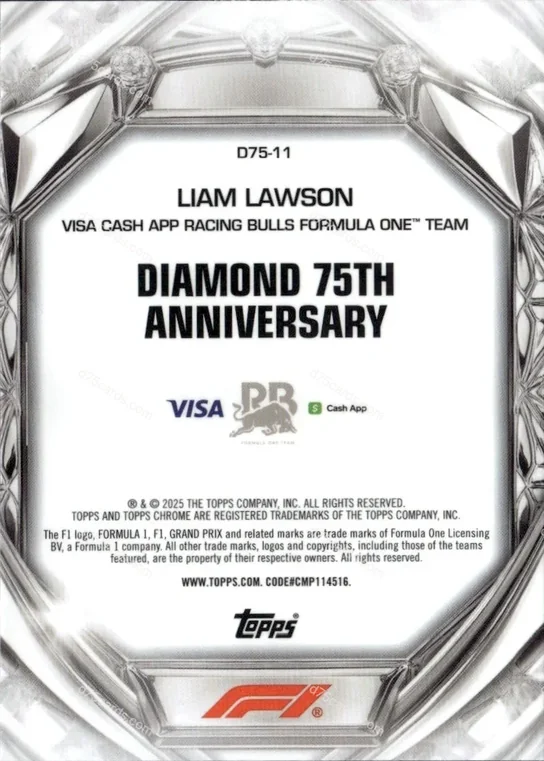2025 Topps Chrome Formula 1 Diamond 75th Anniversary card #11 Liam Lawson Base back image