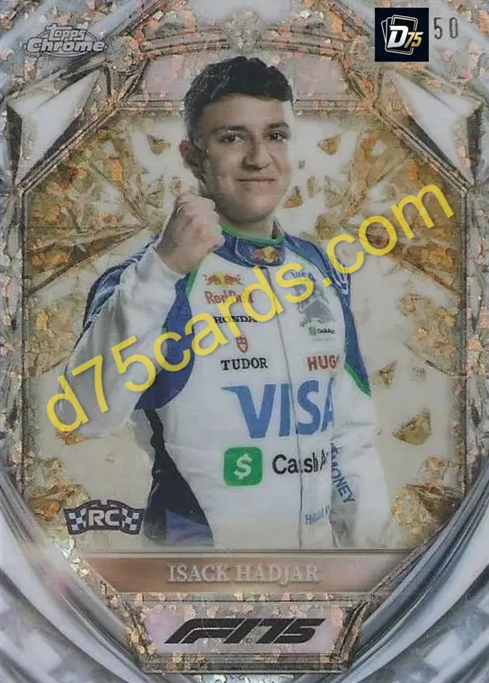 Isack Hadjar Gold Mini-Diamond Refractor /50 front | 2025 Topps Chrome Formula 1 Diamond 75th Anniversary card