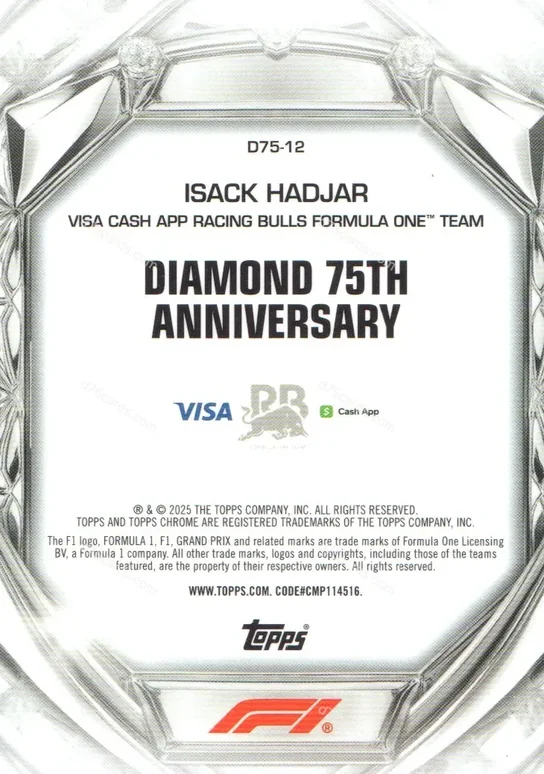 2025 Topps Chrome Formula 1 Diamond 75th Anniversary card #12 Isack Hadjar Base back image