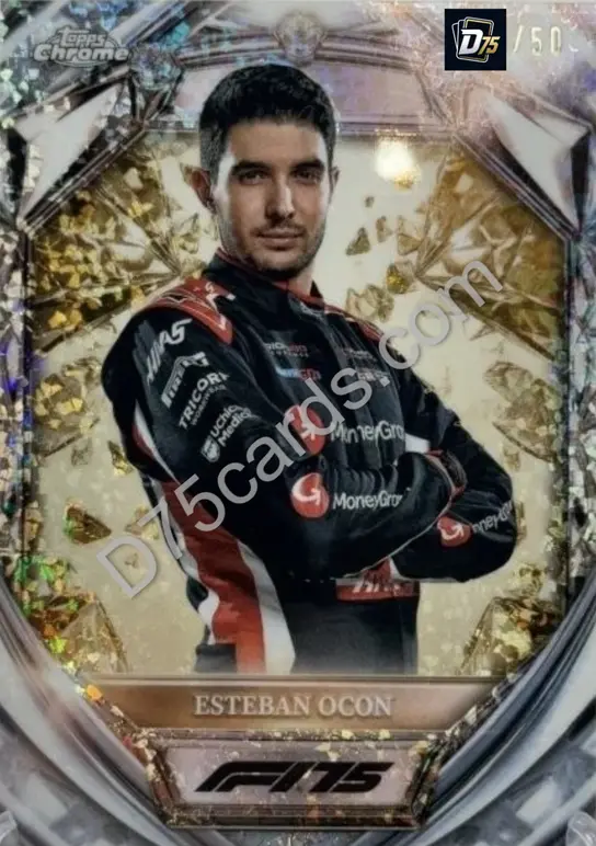 Esteban Ocon Gold Mini-Diamond Refractor /50 front | 2025 Topps Chrome Formula 1 Diamond 75th Anniversary card