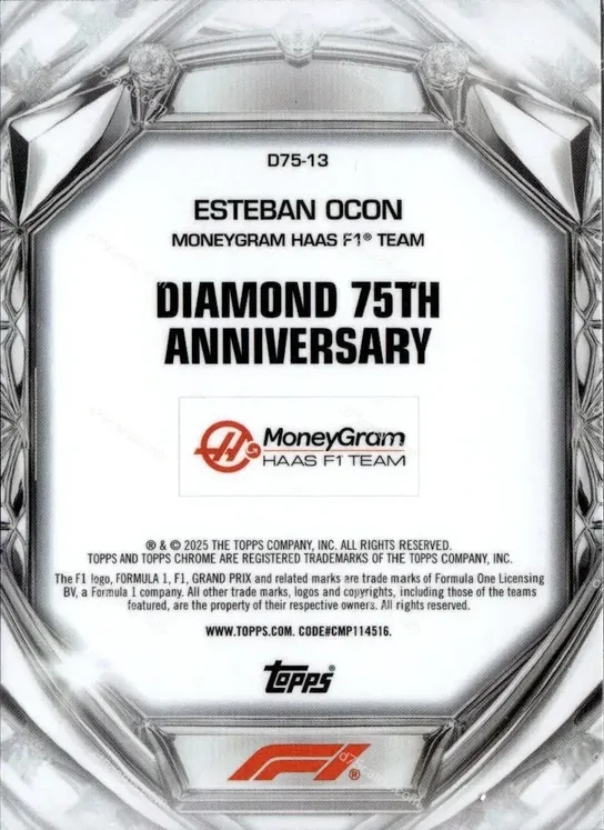 2025 Topps Chrome Formula 1 Diamond 75th Anniversary card #13 Esteban Ocon Base back image