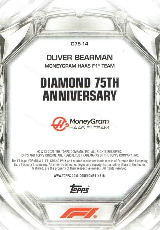 2025 Topps Chrome Formula 1 Diamond 75th Anniversary card #14 Oliver Bearman Base back image