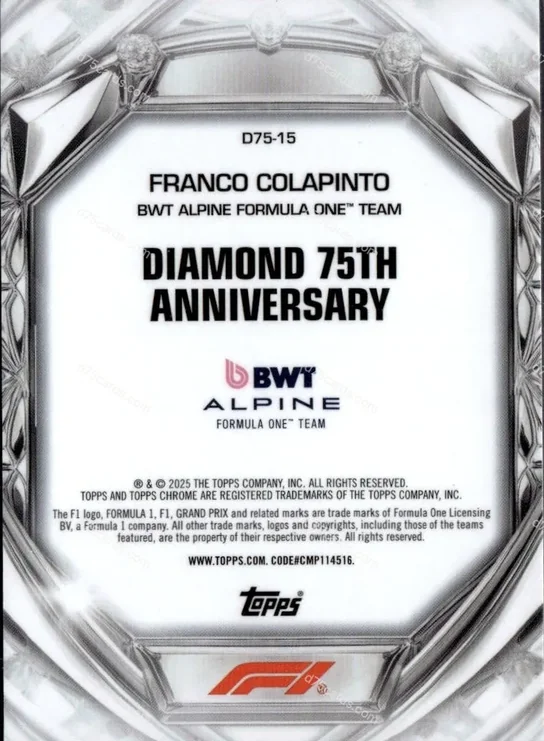 2025 Topps Chrome Formula 1 Diamond 75th Anniversary card #15 Franco Colapinto Base back image