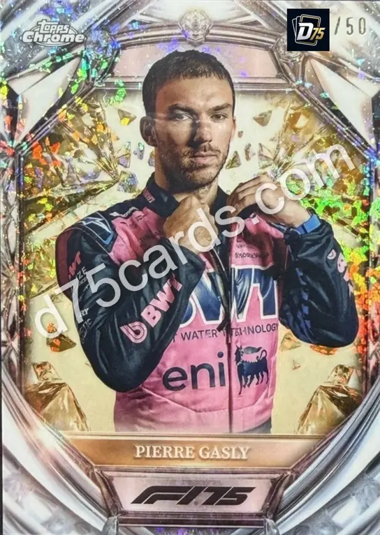 Pierre Gasly Gold Mini-Diamond Refractor /50 front | 2025 Topps Chrome Formula 1 Diamond 75th Anniversary card
