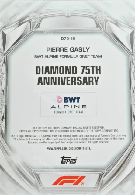 2025 Topps Chrome Formula 1 Diamond 75th Anniversary card #16 Pierre Gasly Base back image