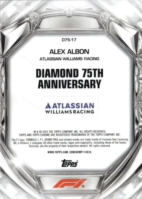 2025 Topps Chrome Formula 1 Diamond 75th Anniversary card #17 Alex Albon Base back image