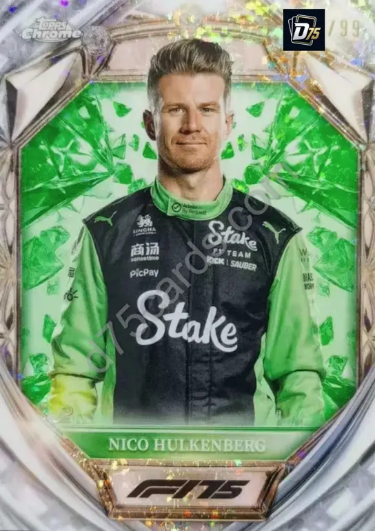 Nico Hulkenberg Green Mini-Diamond Refractor /99 front | 2025 Topps Chrome Formula 1 Diamond 75th Anniversary card