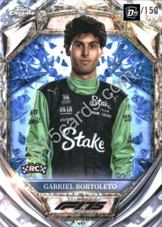Gabriel Bortoleto Blue Mini-Diamond Refractor /150 front | 2025 Topps Chrome Formula 1 Diamond 75th Anniversary card