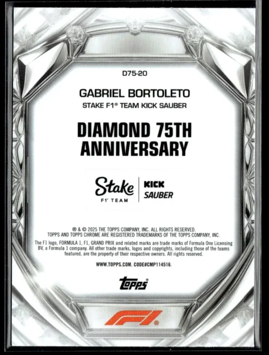 2025 Topps Chrome Formula 1 Diamond 75th Anniversary card #20 Gabriel Bortoleto Base back image