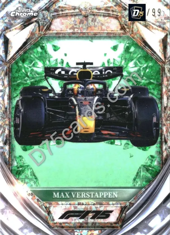 Max Verstappen Green Mini-Diamond Refractor /99 front | 2025 Topps Chrome Formula 1 Diamond 75th Anniversary card
