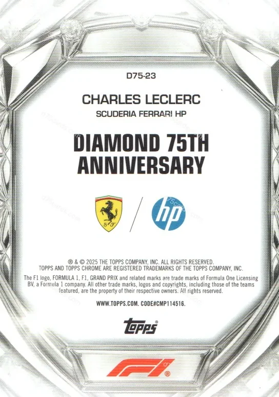 2025 Topps Chrome Formula 1 Diamond 75th Anniversary card #23 Charles Leclerc Base back image