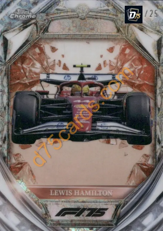 Lewis Hamilton Orange Mini-Diamond Refractor /25 front | 2025 Topps Chrome Formula 1 Diamond 75th Anniversary card
