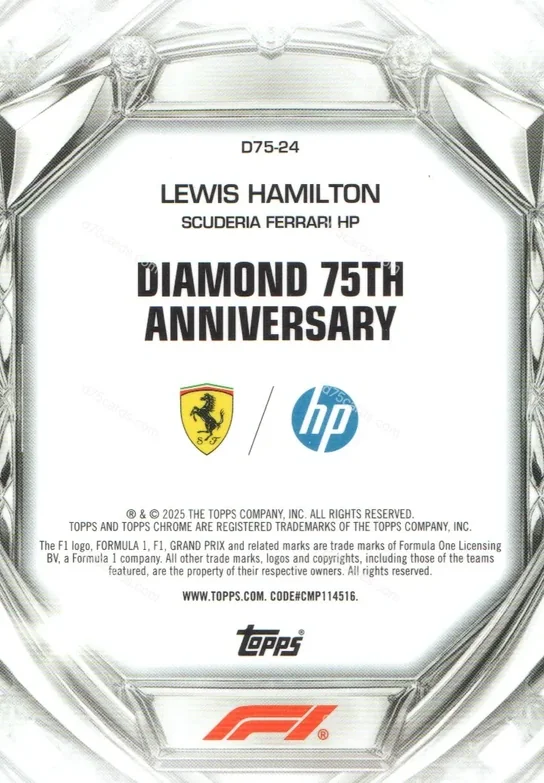 2025 Topps Chrome Formula 1 Diamond 75th Anniversary card #24 Lewis Hamilton Base back image