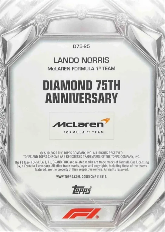 D75-25 Lando Norris base card back | 2025 Topps Chrome Formula 1 Diamond 75th Anniversary card
