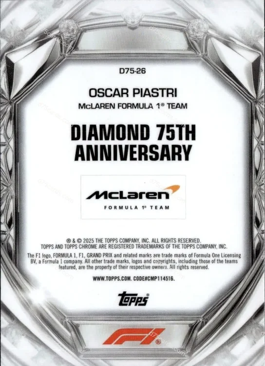 D75-26 Oscar Piastri base card back | 2025 Topps Chrome Formula 1 Diamond 75th Anniversary card