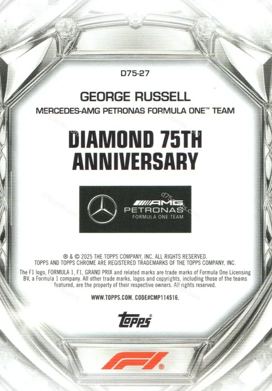 D75-27 George Russell base card back | 2025 Topps Chrome Formula 1 Diamond 75th Anniversary card