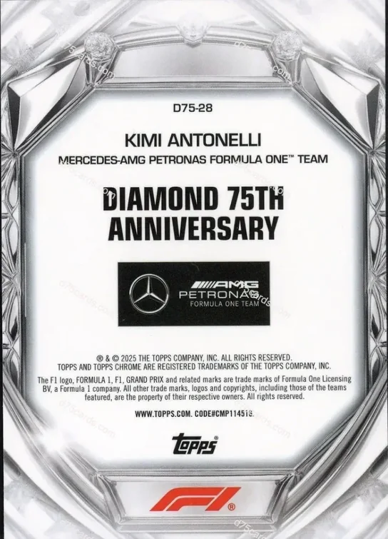 D75-28 Kimi Antonelli base card back | 2025 Topps Chrome Formula 1 Diamond 75th Anniversary card