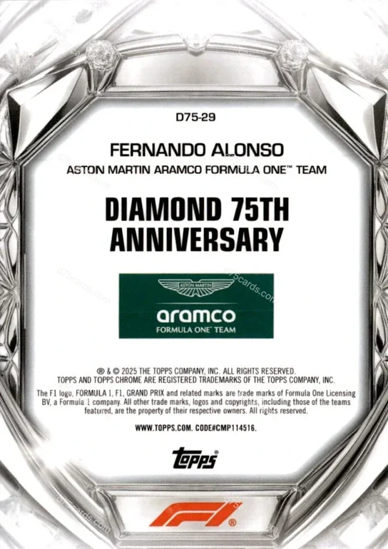 D75-29 Fernando Alonso base card back | 2025 Topps Chrome Formula 1 Diamond 75th Anniversary card