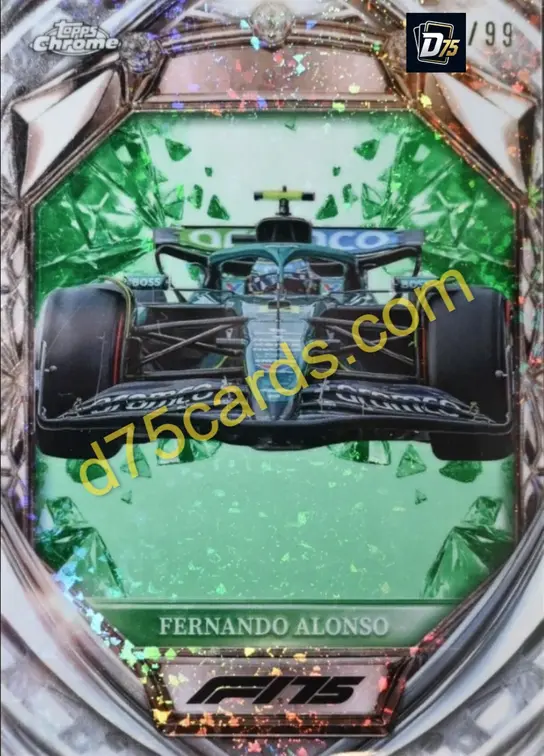 Fernando Alonso D75-29 Green Mini-Diamond Refractor /99 front — 2025 Topps Chrome Formula 1 Diamond 75th Anniversary