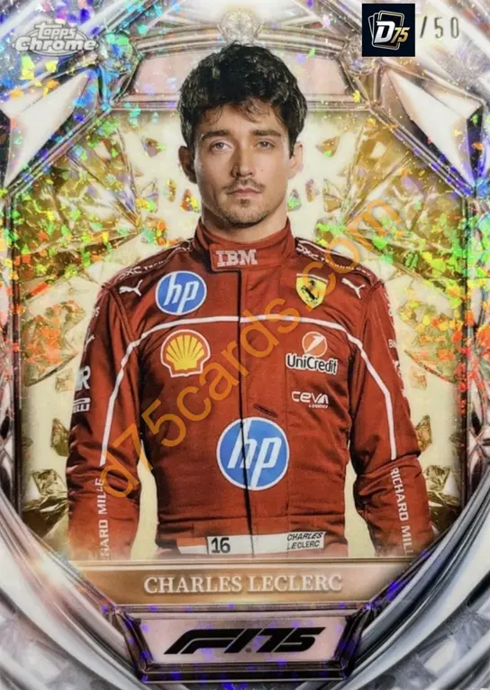 Charles Leclerc Gold Mini-Diamond Refractor /50 front | 2025 Topps Chrome Formula 1 Diamond 75th Anniversary card
