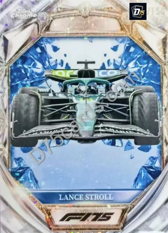 Lance Stroll Blue Mini-Diamond Refractor /150 front | 2025 Topps Chrome Formula 1 Diamond 75th Anniversary card