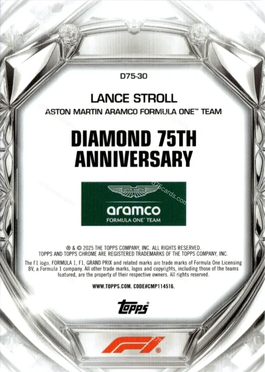 D75-30 Lance Stroll base card back | 2025 Topps Chrome Formula 1 Diamond 75th Anniversary card