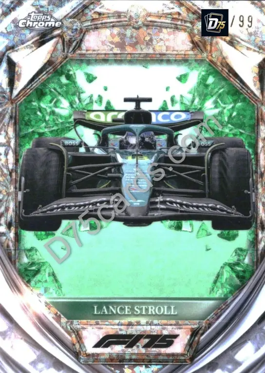 Lance Stroll Green Mini-Diamond Refractor /99 front | 2025 Topps Chrome Formula 1 Diamond 75th Anniversary card