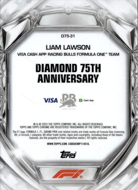 D75-31 Liam Lawson base card back | 2025 Topps Chrome Formula 1 Diamond 75th Anniversary card