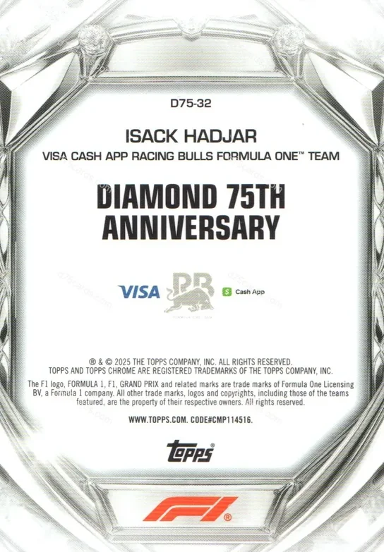D75-32 Isack Hadjar base card back | 2025 Topps Chrome Formula 1 Diamond 75th Anniversary card