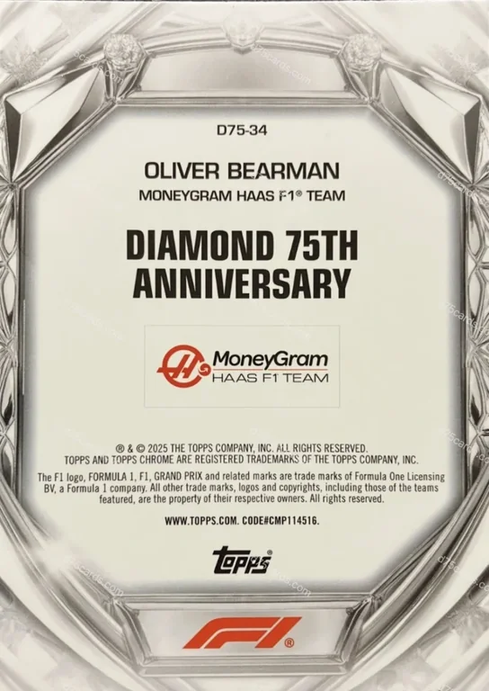 D75-34 Oliver Bearman base card back | 2025 Topps Chrome Formula 1 Diamond 75th Anniversary card