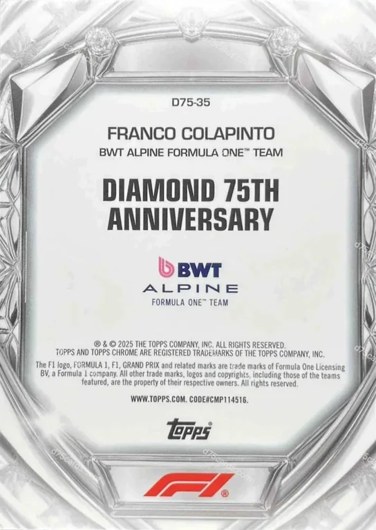 D75-35 Franco Colapinto base card back | 2025 Topps Chrome Formula 1 Diamond 75th Anniversary card