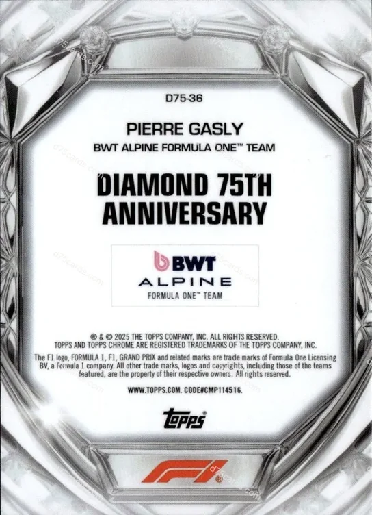 2025 Topps Chrome Formula 1 Diamond 75th Anniversary card #36 Pierre Gasly Base back image