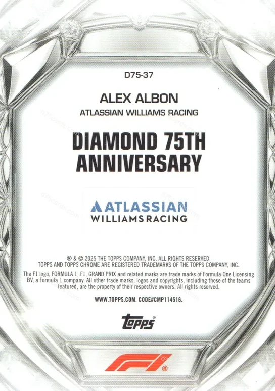 D75-37 Alex Albon base card back | 2025 Topps Chrome Formula 1 Diamond 75th Anniversary card