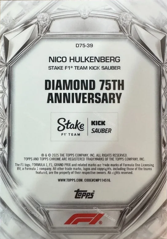 D75-39 Nico Hulkenberg base card back | 2025 Topps Chrome Formula 1 Diamond 75th Anniversary card