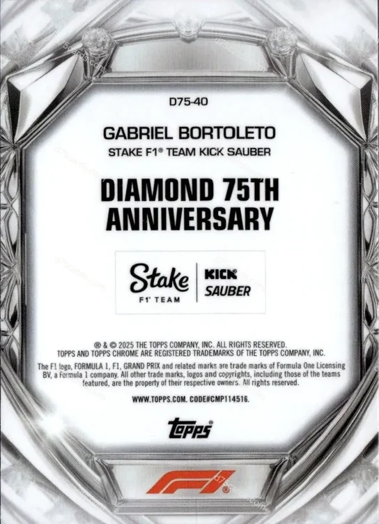 D75-40 Gabriel Bortoleto base card back | 2025 Topps Chrome Formula 1 Diamond 75th Anniversary card