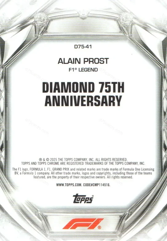 D75-41 Alain Prost base card back | 2025 Topps Chrome Formula 1 Diamond 75th Anniversary card