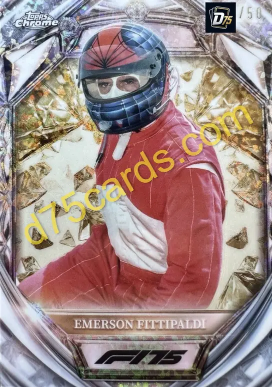 Emerson Fittipaldi D75-42 Gold Mini-Diamond Refractor /50 front — 2025 Topps Chrome Formula 1 Diamond 75th Anniversary