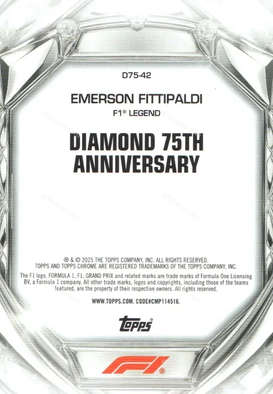 D75-42 Emerson Fittipaldi base card back | 2025 Topps Chrome Formula 1 Diamond 75th Anniversary card