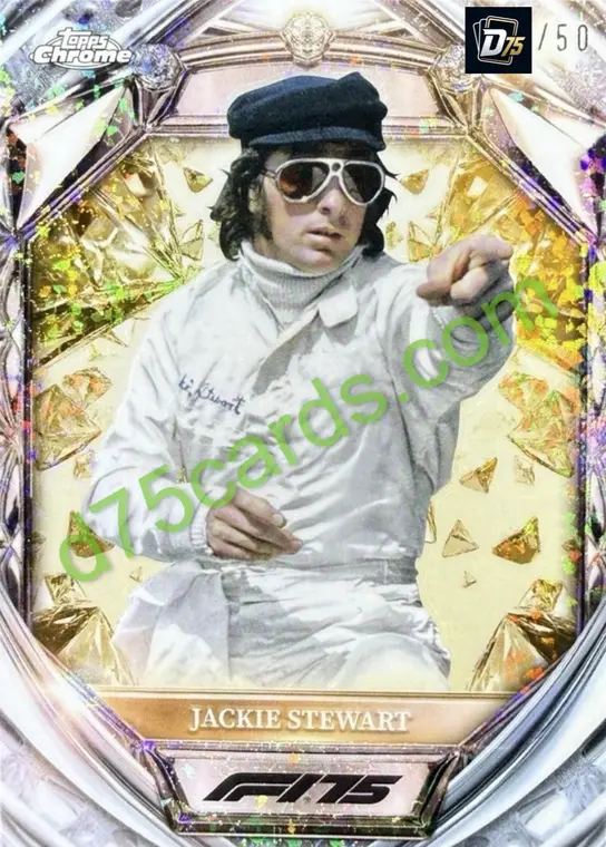 Jackie Stewart D75-43 Gold Mini-Diamond Refractor /50 front — 2025 Topps Chrome Formula 1 Diamond 75th Anniversary