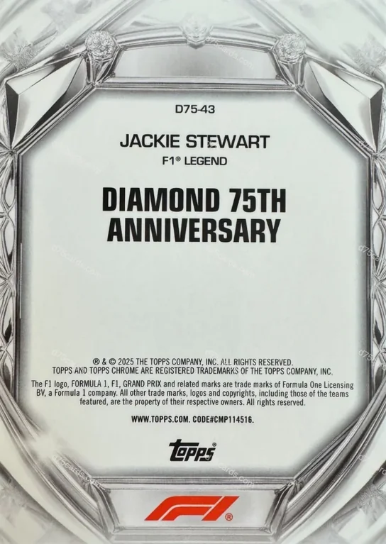 D75-43 Jackie Stewart base card back | 2025 Topps Chrome Formula 1 Diamond 75th Anniversary card
