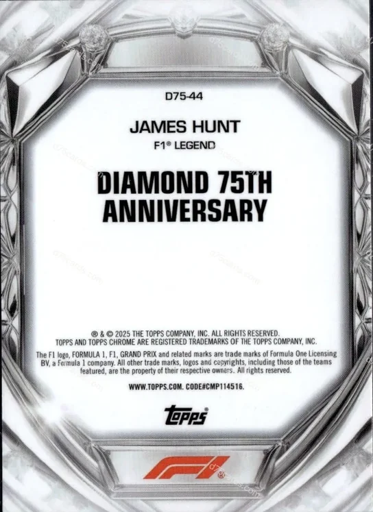 D75-44 James Hunt base card back | 2025 Topps Chrome Formula 1 Diamond 75th Anniversary card