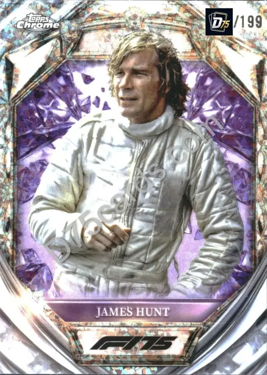 James Hunt Purple Mini-Diamond Refractor /199 front | 2025 Topps Chrome Formula 1 Diamond 75th Anniversary card
