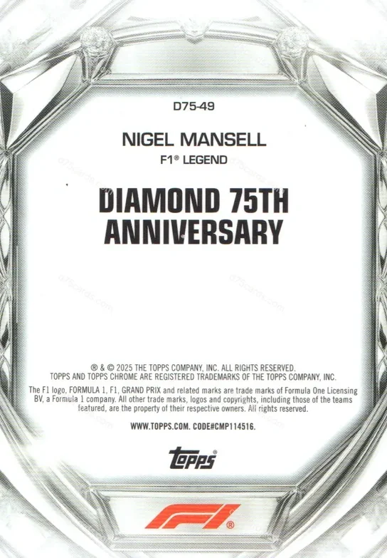 D75-49 Nigel Mansell base card back | 2025 Topps Chrome Formula 1 Diamond 75th Anniversary card