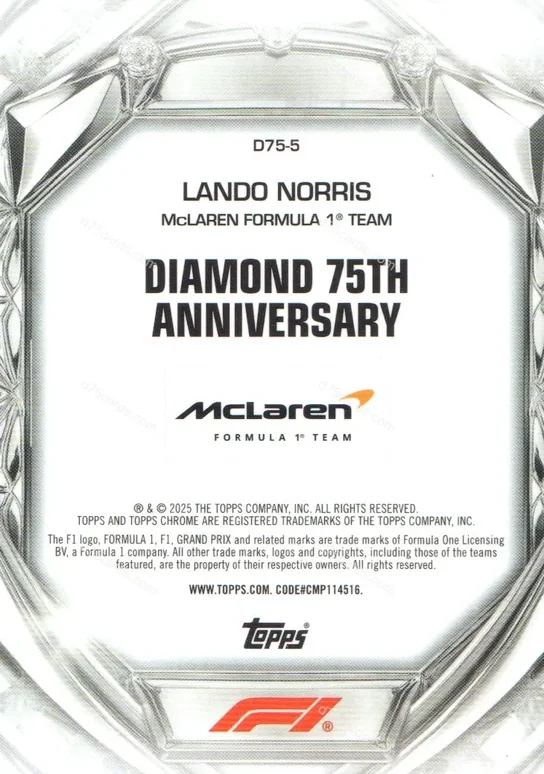 2025 Topps Chrome Formula 1 Diamond 75th Anniversary card #5 Lando Norris Base back image