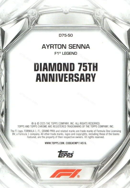 D75-50 Ayrton Senna base card back | 2025 Topps Chrome Formula 1 Diamond 75th Anniversary card