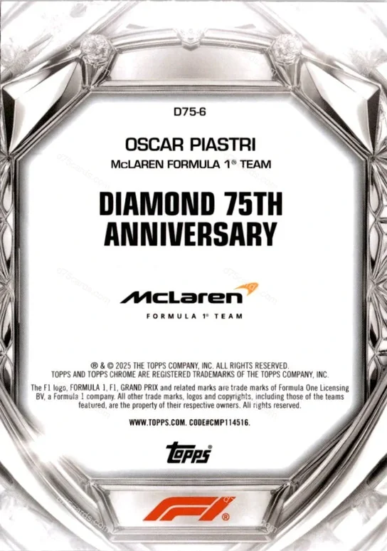 2025 Topps Chrome Formula 1 Diamond 75th Anniversary card #6 Oscar Piastri Base back image